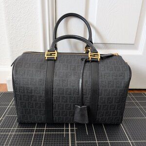 Fendi Forever Boston Satchel Black Canvas Leather Designer Bag Handbag Purse